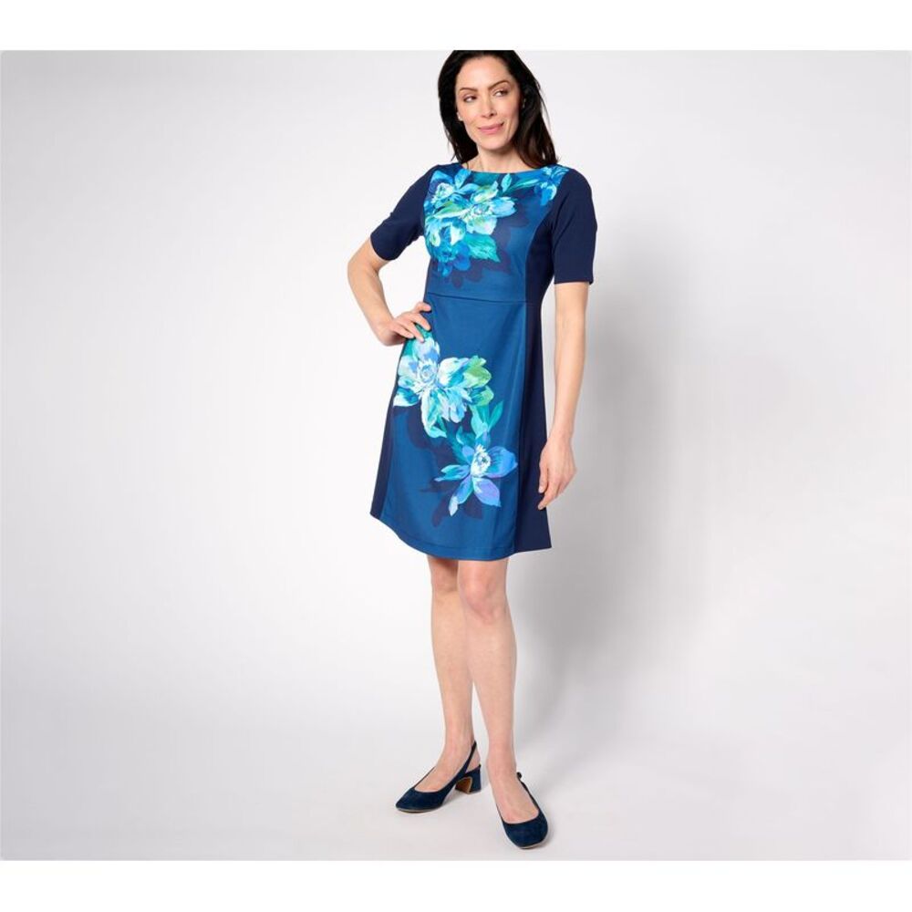 Summersalt Women's Petite Dress 1XP Placement Print Elbow Sleeve Blue